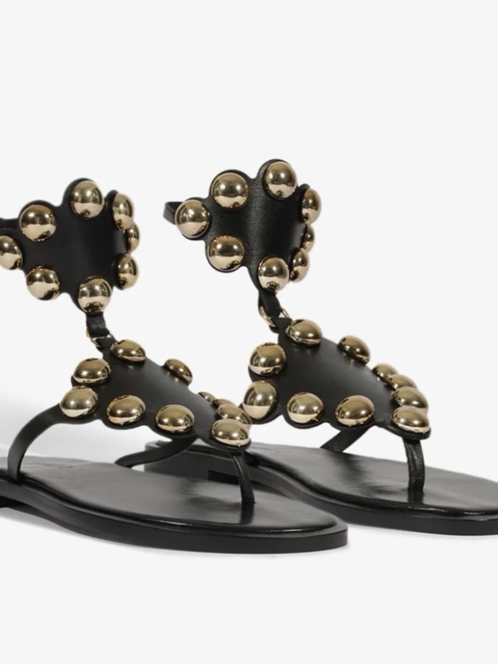 SCHUTZ Black Leather Thong Sandals with Gold Stud Accents